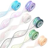 6 Rollen 40mm Geschenkband,Transparentes Schleifenband Weiß Grün Blau Hochzeit, Schillerndes Organzaband,Geschenkband Breit,Chiffonband für Geschenk Deko, Hochzeit,Seinladungen,Blumenstrauß,Basteln