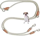 Leisegrün Hundeleine kleine Hunde leicht | Führleine 3m verstellbar mit 2 Karabiner | 3 Meter lang x 0,8 cm | Nur 200 g | Modell Devon | Sand Beige