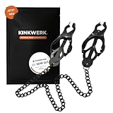KINKWERK Nippelklemmen mit Kette und Silikon-Stimulationspads für Frauen & Männer | Starke Klemmkraft & Schutzpads für intensiven Genuss | BDSM, Sexspielzeug für Paare (Schwarz)