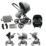 Nania - Kombikinderwagen GIULIA 3-in-1 – von 0 bis 36 Monaten – faltbar und neigbar + Autositz Beone Evo i-Size 40-85 cm – Gruppe 0+ (0-13 kg) – Rückseite Straße + Wickeltasche, Regenschutz inklusive