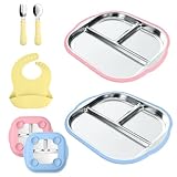 Etomiel Kinderteller aus Edelstahl mit Saugnapf (2 Stück), Edelstahllöffel und faltbares Lätzchen – unterteilte Teller für Babys und Kleinkinder mit abnehmbarer Silikonhülle, spülmaschinenfest