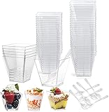 PIQIUQIU 50 Stück Desserttasse mit 50 Stück Löffeln, 2 OZ / 60ML Dessertschalen Set, Wiederverwendbar für Mousse Pudding Eiscreme Food Dessert Party Picknick, aus Kunststoff