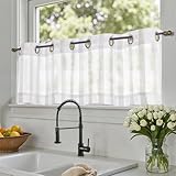 TOPICK Voile Scheibengardinen 1 Stück H 35 x B 130 (cm) mit Ösen Transparent Bistrogardine Landhausstil Streifen Küchenvorhang Gestreift Küchengardinen für Küchen Badezimmer Klein Fenster Dekor Weiß