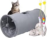 mymai Faltbarer katzentunnel mit weichem Wildlederbezug, interaktiver Rascheltunnel für Katzen mit 2 Hängenden Spielzeugen, ideal für Kaninchen kleine Haustiere (Grau, A)