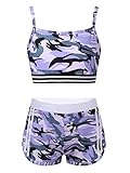 TiaoBug Mädchen Bikini Tankini Set Bustier Top und Sport Shorts Hot Pants Set Sommer Badeanzug Ballett Tanz Bekleidung mit Allover Druck Camouflage Violett 134-140