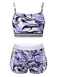 TiaoBug Mädchen Bikini Tankini Set Bustier Top und Sport Shorts Hot Pants Set Sommer Badeanzug Ballett Tanz Bekleidung mit Allover Druck Camouflage Violett 158-164