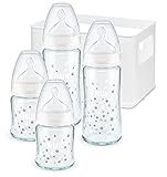 NUK First Choice+ Babyflaschen Starter Set aus Glas und Silikon | 0–6 Monate | 4 Flaschen mit Temperature Control & Flaschenbox | Anti-Colic Air System | BPA-frei | 5-teilig