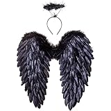 Winwild Engelsflügel mit Heiligenschein,Engel und Teufel Flügel Kostüm für Damen und Mädchen Kinder für Halloween Karneval Cosplay Party Fasching Kostümparty Verkleidung(Schwarz,45 x 45 cm)