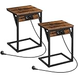 HOOBRO C-Form Beistelltisch mit Ladestation 2er Set, Sofatisch mit USB-Anschlüssen und Steckdose, Industrieller Couchtisch mit Metallrahmen für Wohnzimmer, Vintagebraun-Schwarz EBF06CSFP201