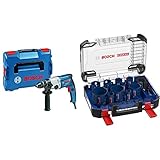 Bosch Professional Bohrmaschine GBM 13-2 RE (750 Watt, Tiefenanschlag 210 mm, L-BOXX 102 + 14 tlg. Expert Tough Material Lochsäge Set (für Holz mit Metall, Ø 20-76 mm, Zubehör)