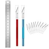 Canollo Skalpell Basteln Set mit 2 Stücke Bastelmesser Skalpell(Rot+Blau), 10 Stücke Skalpell Klingen, Edelstahl Lineal und Kunststoffbox, 145mm Bastelskalpell für DIY Art Work Cutting