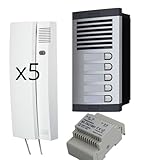 Automatische Türsprechanlage mit Analogsystem 4+n, für Gemeinschaften, komplett: Straßenschild, Telefone, Einbaudose und Netzteil. Hohe Qualität der Herstellung (5 Wohnungen)