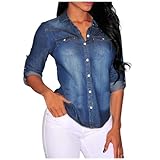 Damen Jeans Bluse Button Down Langarm Casual Elegant Blusenshirt Hemdbluse Slim Fit Damenblusen Jeanshemd Tunika Hemdbluse Jeansbluse Denim Hemd Langarmshirt Hemdbluse Shirt Streetwear