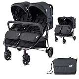 Lorelli Zwillingskinderwagen Duo, Zwillingsbuggy klein faltbar für 2 Kinder, sehr leicht, Zwillingswagen nebeneinander, Geschwister Kinderwagen kompakt zusammenklappbar, schwarz