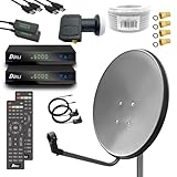 Digital Sat Anlage 60 cm Spiegel inkl. 2X ARLI AH1 Full HD Receiver + Twin LNB + 50 m Koax Kabel + 4 F - Stecker vergoldet 2 Teilnehmer Set Antenne grau anthrazit satellitenschüssel digital komplett