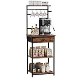 YMYNY Küchenregal, Bäckerregal, Kaffee Organizer, Kaffeebar, 5 Regalebenen, 8 Haken, Stoffschubladen, Stahlrahmen, 43 x 33 x 134.5 cm, für Küche, Wohnzimmer, Vintage HBR009H