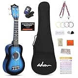ADM Sopran Ukulele Set für Kinder und Anfänger, Ukulele Starter Kit mit Tasche, Stimmgerät, Regenbogensaiten, Bunter Gurt, Plektron, Griffbrettaufkleber, Akkord-Karte (Blau)