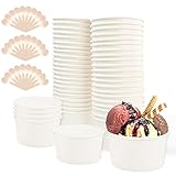 REFORUNG Eisbecher aus Pappe 50 Stück Umweltfreundliche Universal Karton Einwegschalen 240ml Einweg-Kuchenbecher Papier Eisbecher Becher mit 50 Holzlöffel für Eisbecher Gefrorenen Joghurt Suppe, Weiß