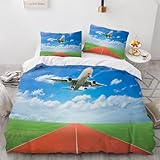 Asdfed Erwachsene Bettbezüge 220x240cm Flugzeug 3D Druck Mikrofaser Bettwäsche Set Zimmer Dekor 3 Teilig Rote Landebahn Mit Reißverschluss und 2 Kissenbezug 80X80cm