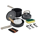 ISFORU Camping Geschirr-Set für 2-3 Personen, 13PCS Antihaft Camping Töpfe und Pfannen Kochgeschirr Set mit Kessel Plastikschüsseln und Utensilien, kompaktes Kochset für Outdoor Picknick Wandern