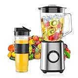 Standmixer, Smoothie Maker, 700W Blender, Mixer Smoothie Maker Combo 1,5L Glasbehälter mit 570ml Reisebecher, 2 Geschwindigkeitsstufen und Impulsfunktion für Smoothies Shakes Frozen Drinks Saucen