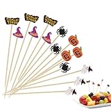 100 Stück Halloween Cocktailspieße，Hölzerne Kürbis Cocktail Zahnstocher，mit Motiven wie Geistern, Fledermäusen und Spinnen, geeignet für die Dekoration Cupcakes, geschnittenem Obst und Cocktailpartys