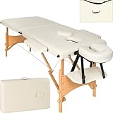 tectake Massageliege 2 Zonen, Massageliege klappbar, Massagetisch tragbar mit 5cm Polsterung, höhenverstellbare, Mobile Massageliege, Massagebank mit Holzfüßen und Zubehör Tragetasche - beige