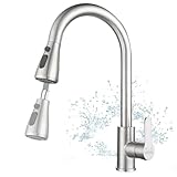 Wasserhahn Küche, Hochdruck Küchenarmatur mit Herausziehbarer Brause Ausziehbar Armatur, Mischbatterie Küche Spültischarmatur Brause 3 Modus, Edelstahl