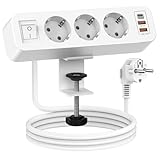 3 Fach Tischsteckdose mit 1 PD und 2 QC USB, 7 in 1 Mehrfachsteckdose mit Schalter, Steckdosenleiste Schreibtisch mit 2M Kabel für Zuhause Büro- Weiß