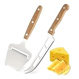 2 Stück Käsemesser mit Holzgriff, 420 Edelstahl Käsehobel, Käseschneider Set, Butterschneider, Edelstahl mit Wellenschliff 15 cm, Perfekt zum Schneiden von Weichkäse und Schnittkäse (Silber)
