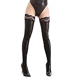 BEISUYA Latex Leather Thigh Stockings Overknee Strümpfe mit Spitze Sexy Anti-Rutsch lange strümpfe(Schwarz)