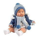 Llorens 1038573 Puppe Sasha, mit blonden Haaren und blauen Augen, Babypuppe mit weichem Körper inkl. blauem Strick-Outfit, 38cm