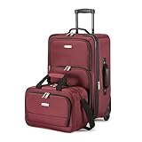 Amazon Basics 2-Teiliges Weichschalen-Koffer-Set, Erweiterbares Handgepäck (58 cm) und Tragetasche (25 cm), Leicht, 100% Polyester, Stapelbares Set, Rot