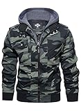 Hood Crew Herren Motorradjacke aus PU-Kunstleder mit abnehmbarer Kapuze, camouflage grün, L