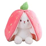 Zaloife Hase Plüschtier Verstecken Rosa, Plush Hasen Erdbeeren 24cm, Stofftier Plüsch Hasen Versteckspiel, Kuscheltier Osterhase Puppe Geschenk für Kinder