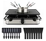 8 Personen Fondue/Raclette Set - Tischgrill inkl. Pfännchen & Schaber - Grillplatte & Steinplatte antihaftbeschichtet (Fondue Set)
