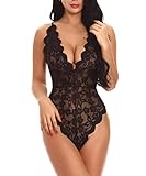 Buitifo Damen Spitze Bodysuit EIN Stück Babydoll Rückenlos Mini Teddy V-Ausschnitt Dessous(Schwarz T1,L)