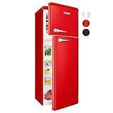Bomann Retro Kühlschrank mit Gefrierfach | Vintage Kühlgefrierkombi Inhalt 208 L | Kühlen: 160 L, Gefrieren: 48 L | Retro-Fridge klein und leise | (H) 147 x (B) 54.5 x (T) 58.5 cm | DTR 353.1 rot