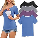 Smallshow 4er Pack Stillshirt Kurzarm Stillen Tshirt Damen Stilloberteile,Blue-Black-Light Grey-Misty Lilac,M