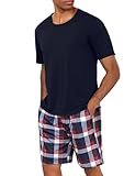 Uniexcosm Schlafanzug Herren Baumwolle Kurz Zweiteiliger Pyjama Set Nachtwäsche Kurzarm Oberteil und Karierte Schlafanzughose Hausanzug Sleepwear A:Dunkelblau L