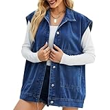 Damen-Denim-Jeansweste, klassisch, mittellang, Knopfleiste, ärmellos, Jeansjacke, übergroße Jeansweste mit Kapuze, Dunkelblau-A, M