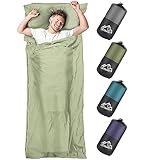 LSTRAGY Hüttenschlafsack, 2in1 Sommerschlafsack aus Mikrofaser, Hüttenschlafsack mit durchgängigem Reißverschluss& Kissen Fach, Ideal für Backpacking, Hostels und Berghütten- 95 * 220 cm(Pastellgrün)