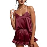 Sexy Damen-Pyjama-Set aus Seidensatin mit Rüschen, Shorts-Sets, Nachtwäsche, Satin-Pyjama, Shorts-Set, Nachtwäsche, Pyjama-Set Striptease Outfit Still Nachthemd Rot