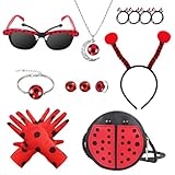 Wendergo 12 Stück Marienkäfer Kostüm Set, Ladybug Kostüm Mädchen Haarreif Marienkäfer mit Bommeln, Rot Schwarz Marienkäfer Party Outfit für Halloween Karneval Fasching Party Cosplay