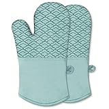 Tuff4ever Ofenhandschuhe Hitzebestaendig bis 260℃, Topflappen Handschuh mit Silikon-Beschichtung, Backhandschuhe Rutschfest Topfhandschuhe Extra Lang, Backofen Handschuhe Waschbar zum Kochen, Backen