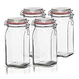 BigDean 4er Set Vorratsgläser 1,5L - Einmachgläser mit Bügelverschluss - Made in Germany - Drahtbügelgläser zum luftdichten Aufbewahren, Einlegen & Einkochen - Glas, eckig