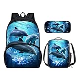 HELLHERO Niedlicher Delfin-Rucksack für Mädchen, mit Lunchbox, Federmäppchen, Jungen, Schultasche, Grundschule, Kindergarten, Vorschule, Büchertasche, Schulrucksäcke, Teenager, Schultasche, 3