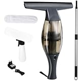 Akku Fenstersauger, Fensterreiniger elektrisch, Fensterputzer mit Teleskopstiel, Akkulaufzeit: 2.2Ah,40 min,28 cm Saugdüse, Sprühflasche mit Mikrofaserbezug für 360° streifenfreie Reinigung (Schwarz)