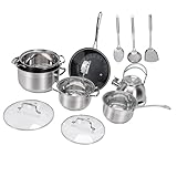 TYCIONG Edelstahl-Kochgeschirr-Set, Induktions-Töpfe und Pfannen-Set mit 3 Töpfen, 1 Bratpfanne, 1 Milchtopf, Wasserkocher, 5 Deckeln, 2 Löffeln, Spatel Zum Kochen in der Küche