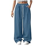 Damen Elegant Breite Hosen Lang Baumwolle Cordhose Einfarbig Bequeme Jogginghose Elastische Taille Freizeithose mit Taschen Yogahose Locker Vintage Sweatpants Warm Weites Bein Hose